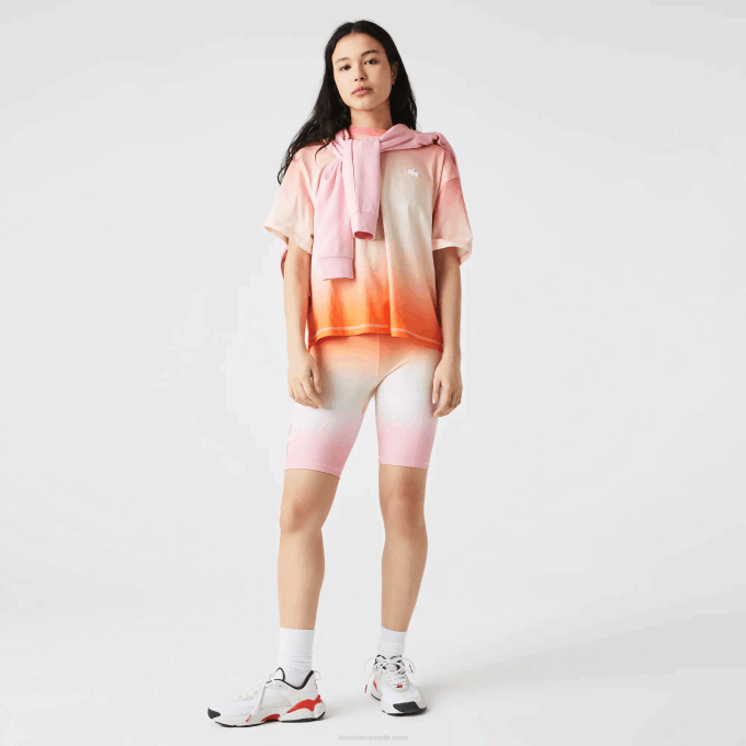Women Lacoste V0ZN2661 Pink White Orange DFK SPORT Summer Pack Gradient Bike Shorts - Image 2