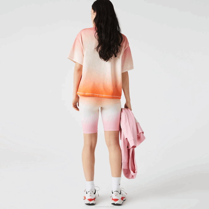 Women Lacoste V0ZN2661 Pink White Orange DFK SPORT Summer Pack Gradient Bike Shorts - Image 3