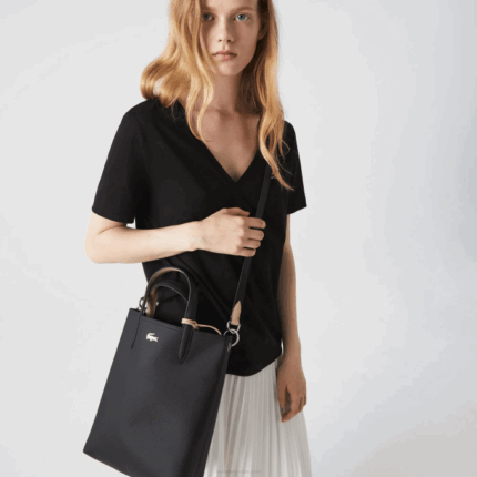 Women Lacoste V0ZN2830 Noir Krema A91 Anna Reversible Coated Canvas Tote Bag