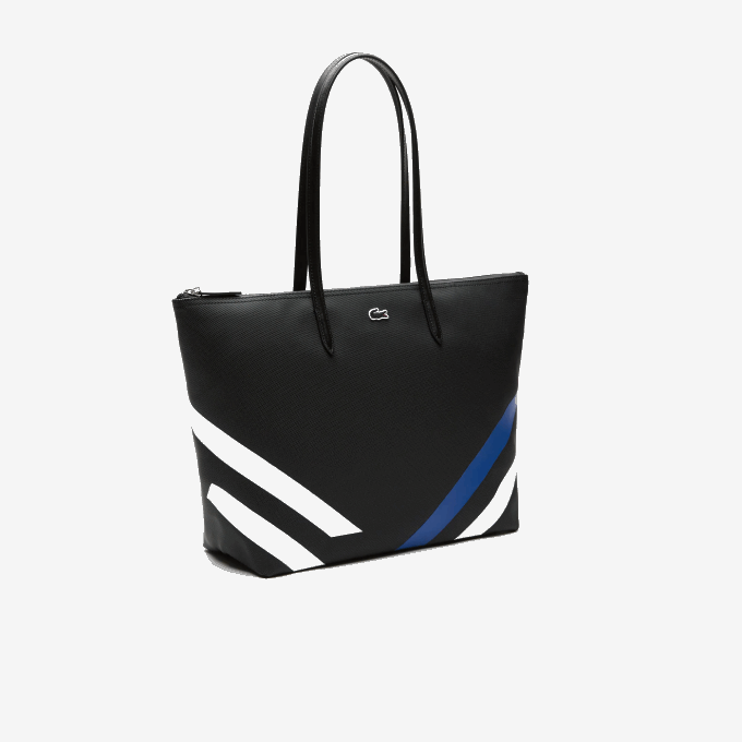 Women Lacoste V0ZN2890 Noir Marina Blanc K35 Contrast Color-Block Stripes Shopping Bag - Image 4