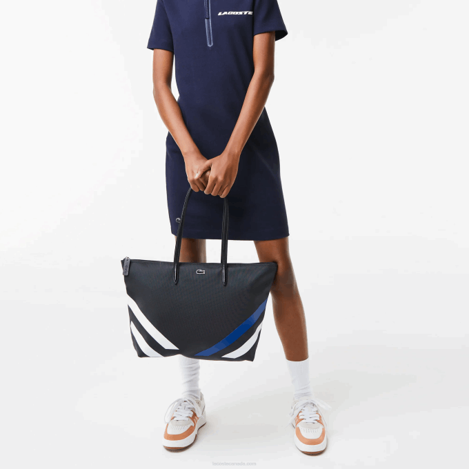 Women Lacoste V0ZN2890 Noir Marina Blanc K35 Contrast Color-Block Stripes Shopping Bag - Image 1