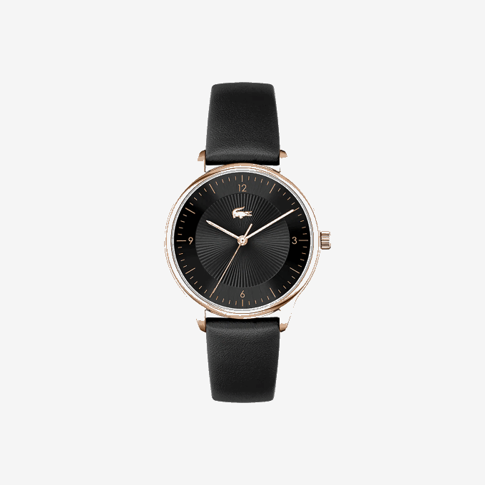 Women Lacoste V0ZN2924 Black 000 Club3 Hands Watch - Black With Leather Strap - Image 2