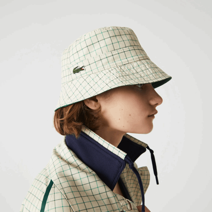 Women Lacoste V0ZN2929 Beige Green EPP Heritage Reversible Solid Or Check Bucket - Image 2